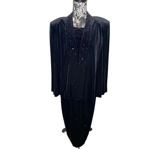Crimson By Lawrence Kurtz Black Velvet Beaded Evening Dress Jacket Set Formal